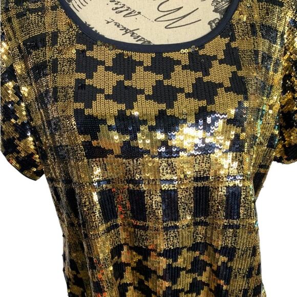 Michael Kors Women's Size Medium Blouse Black & Gold Sequins Holiday Christmas - Picture 2 of 12